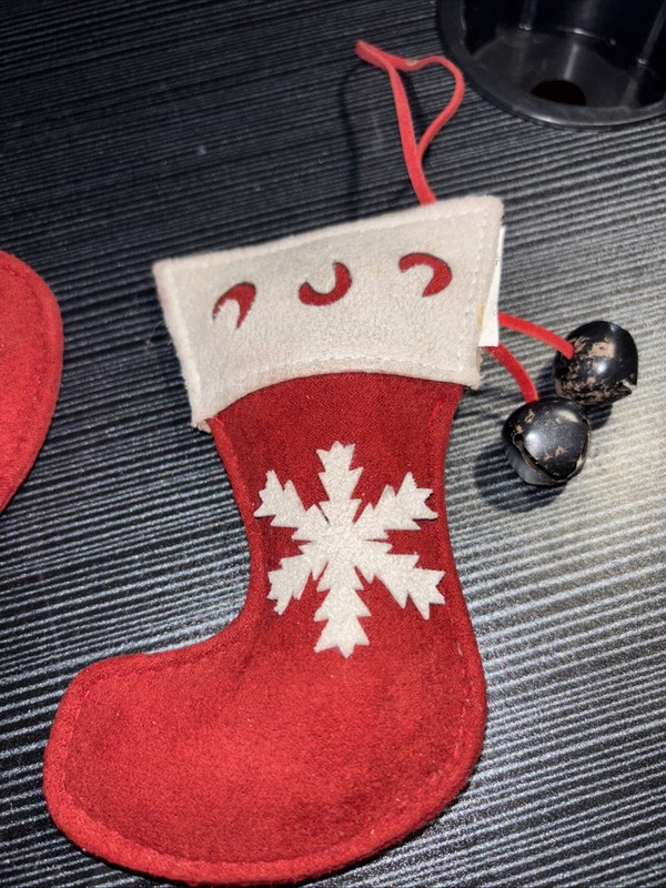 Vintage Suede Stocking Ornaments. Set of 4 with Jingle Bells. Christmas.