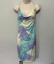 Vintage Yag Slip Dress Medium Blue Pastel Abstract Tropical Strappy Indie Sleeze