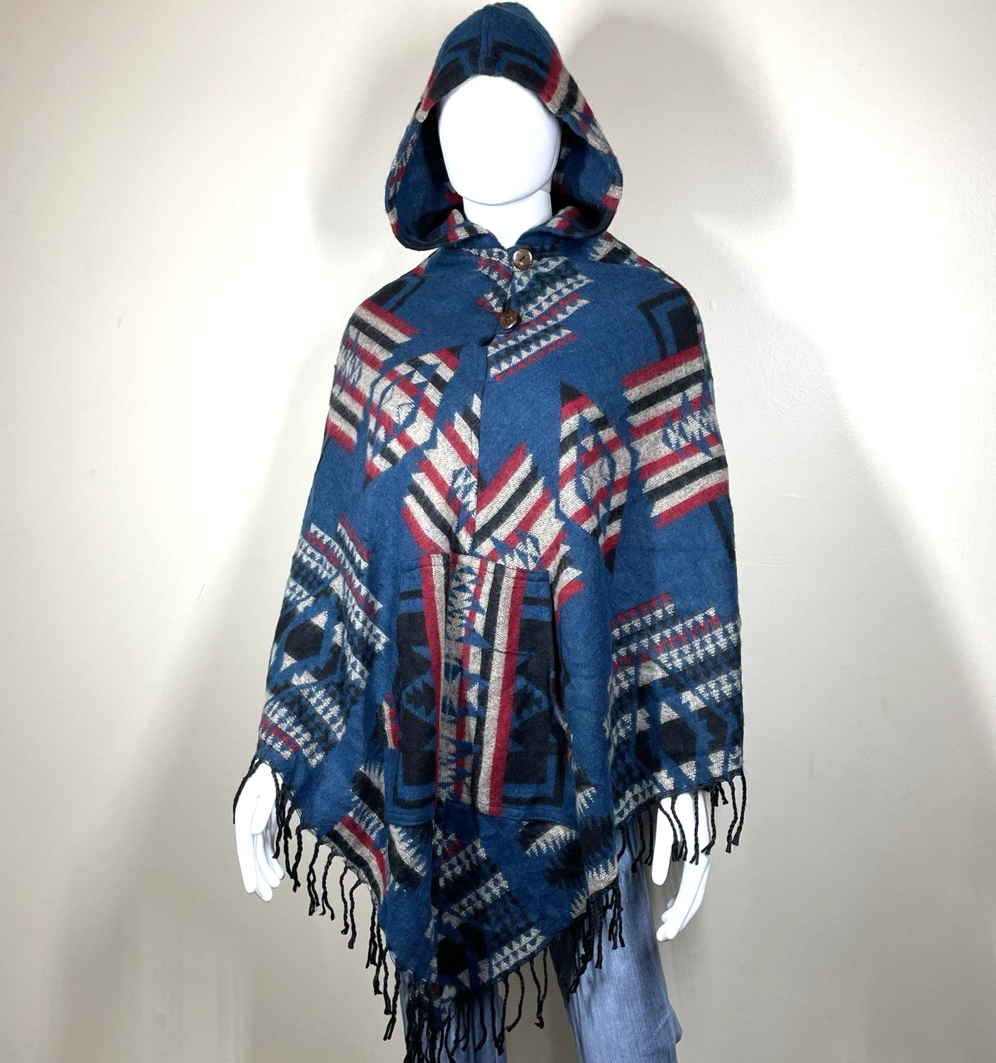 Southwest Aztec 100% Wool Boho Hooded Fringe Poncho Made in Nepal One Size 40x36
Opens in a new wind
