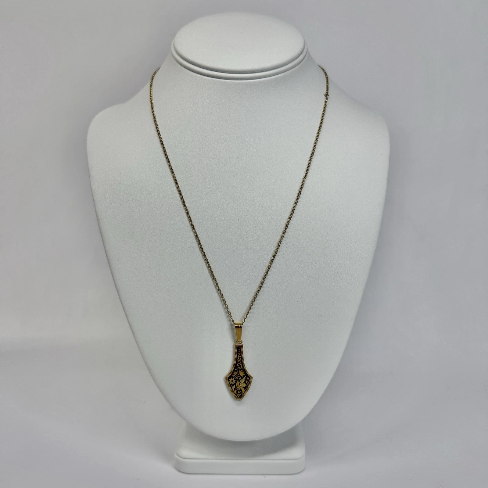 Damascene Floral Bird Filigree Gold Tone Pendant Vintage Necklace Jewelry N331