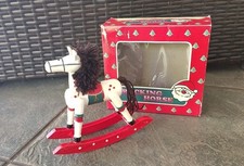 Vtg Christmas Ornament Rocking Horse Wood Painted White Red Green In Box