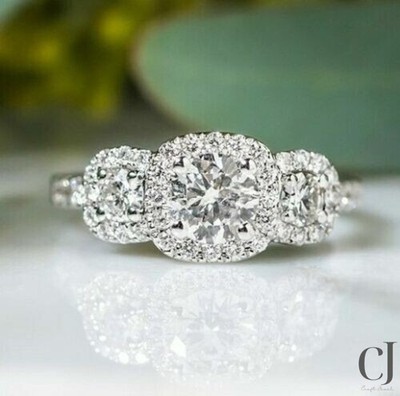 2.70 CT Round Brilliant Cut Halo Moissanite Engagement Ring14k White Gold Plated