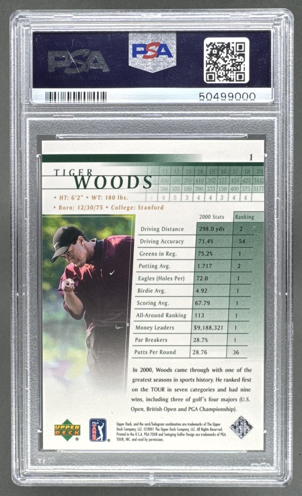50499000 Tiger Woods 2001 Upper Deck #1 Rookie RC PSA 10 view 2