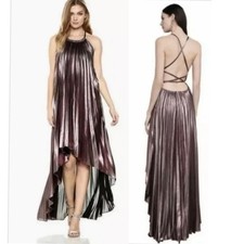 BCBG MAXAZRIA VALARIE Metallic Pleated Halter Gown Hi-Low Dress Size M NWT