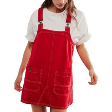 We The Free Red Denim Overall Boxy Outdoor School Smock Mini Dress Size Large