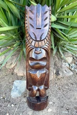 Hawaiian Kanaola Tiki Half Wooden Statue Carved Wall Plaque 39"x 10"in