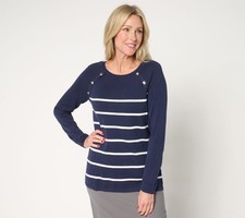 Belle by Kim Gravel Seaside Stripe Button Trim Sweater Twilight L New