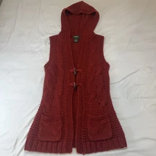 Eddie Bauer Cable Knit Vest Wool Blend Womens Medium Red W/hood Outdoors