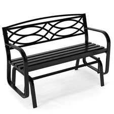 2-Person Outdoor Glider Bench with Metal Frame Armrests Geometric Backrest