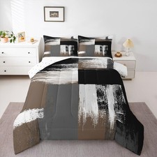 Abstract Art Brown Grey Black White Comforter Set King Size Kids Geometric Co...