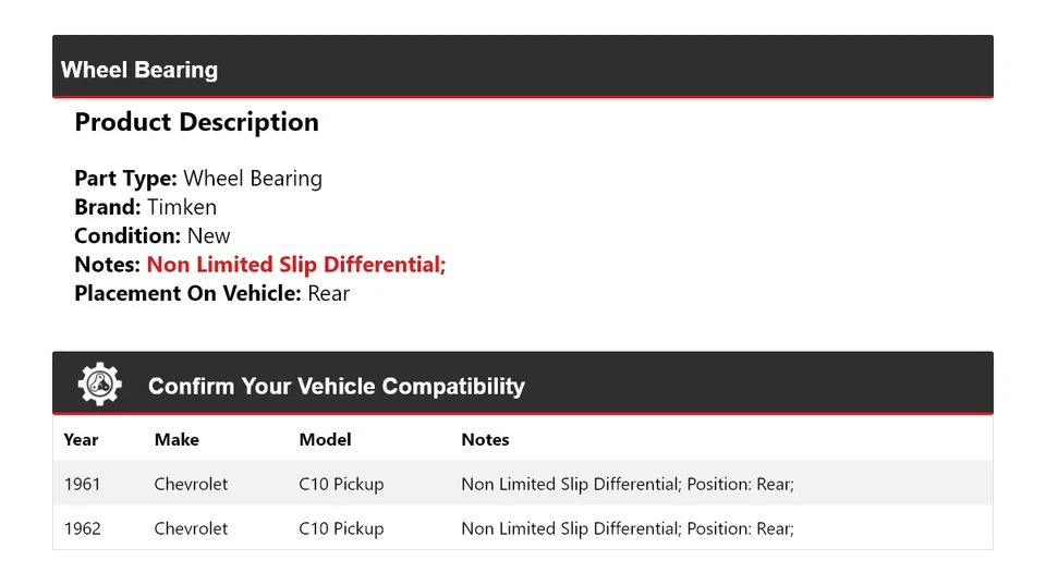 Cojinete de rueda trasero Timken para camioneta Chevrolet C10 1961-1962 Foto 2 de 4