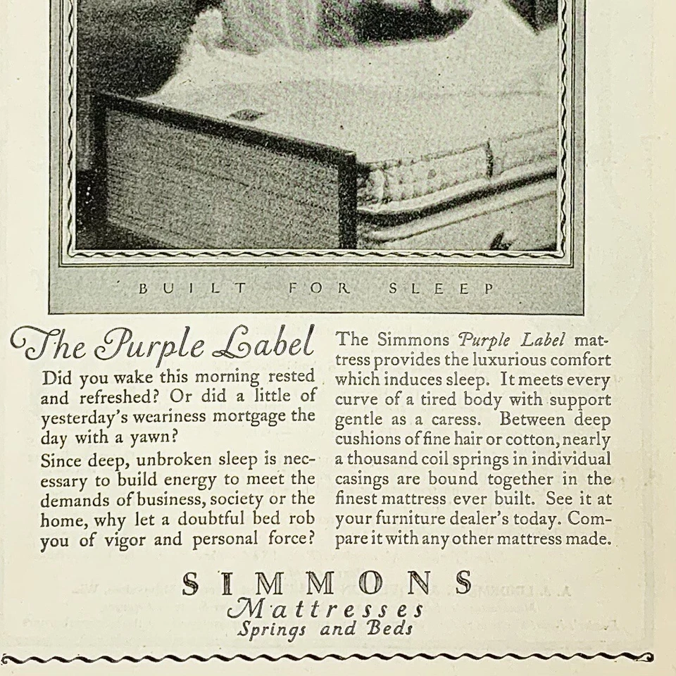 Colchones Simmons 1923 vintage resortes y camas anuncio impreso etiqueta púrpura 6 x 9 Foto 3 de 3