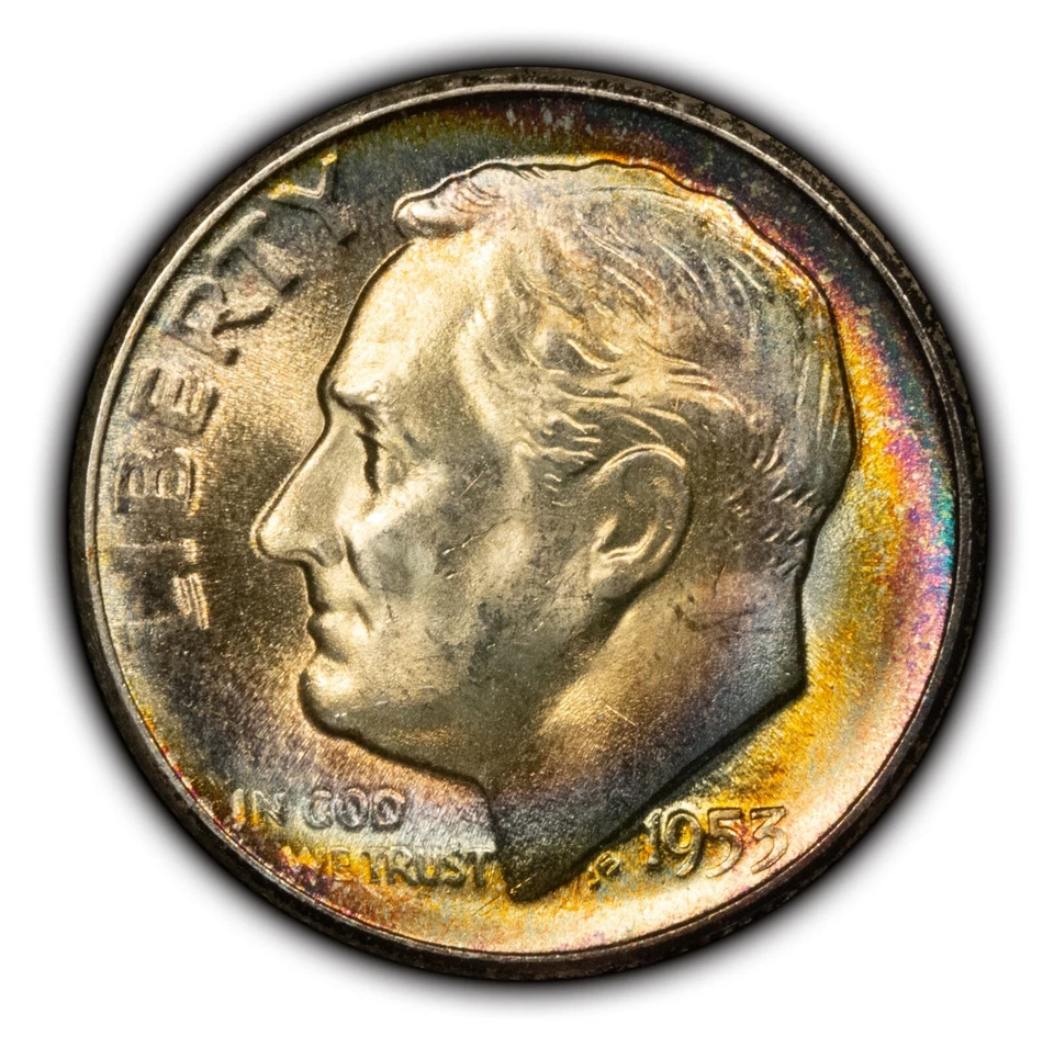 1953-S 10c Roosevelt Dime - UNC - Flashy Luster Gorgeous Rainbow Toning - Y4585 - Image 2 of 4