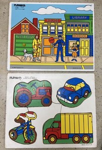 2 Vintage Playskool Wooden Puzzels - 4 Piece Puzzles - Town, Things with Wheels