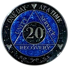 AA 20-Year Shiny Fancy Glitter Recovery Medallion, Alcoholics Anonymous Recover
