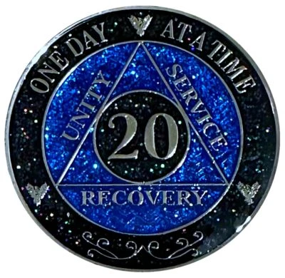 SIMPLY MINIMAL AA 20-Year Shiny Fancy Glitter Recovery Medallion, Alcoholics Anonymous Recover