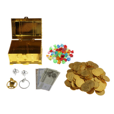 Treasure Chest Box Toy Plastic Gold Coins Pirate with Jewelry