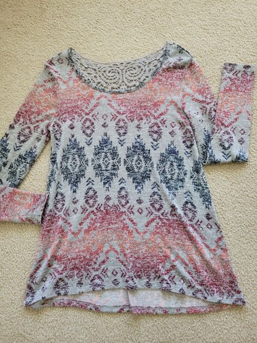 Angels Forever Young Women s Small Top Crochet Detail Gray Black Long 