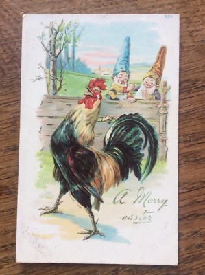 Frohe Ostern Grüße Pixies deutsche Postkarte mit Cockerill Huhn geprägt