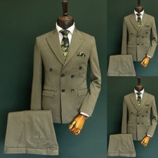 Green Men's Suits Striped Double Breasted Peak Lapel Tuxedo Groom Wedding 2Pcs
