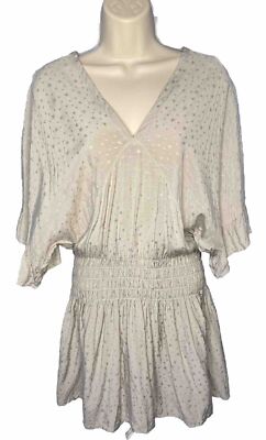 Boho Beige Mini Dress Silver Metallic Stars Ruffle Sleeves Smocked Waist Sz M