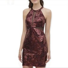 Sequined Lace and Mesh Bodycon Dress in Maroon
