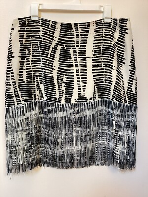 Per Se Size 14 Fringe Lined Skirt 100% Silk Black White Zippered Slit