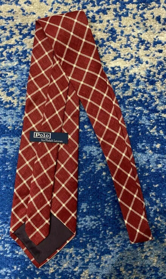Corbata Polo Ralph Lauren Rojo Profundo Beige Sesgado a Cuadros 100% Lino Hecha a Mano EE. UU. Foto 3 de 4