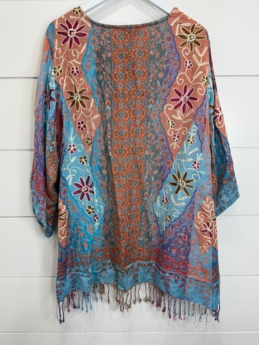Time For Me Kimono Cardigan Womens Embroidered Festive Artsy Boho Coastal Lounge - Picture 5 of 5