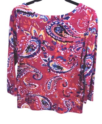 Rafaella Medium Pink Paisley Long Sleeve Button Shoulder Stretch Knit Top