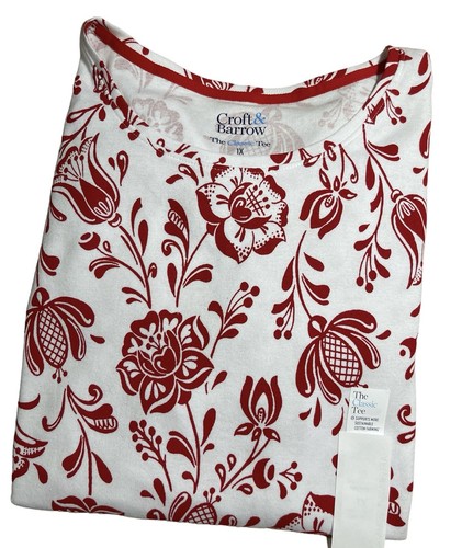CROFT & BARROW Tee Top 3X Red White Floral S/S 100% Cotton NEW WITH TAG - Imagen 2 de 3