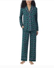 Room Service Womens 2-Piece Shawl Collar Pajama Set Green Geo Print Sz XL NWT