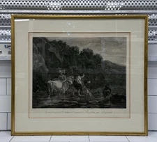 Deghendt Berghem Les Plaisirs de Village Framed Engraving, Antique 1800s