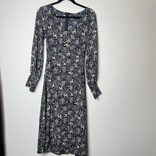Lulus Women’s Dark Blue Floral Deer/Fox Print Midi Dress Long Sleeves Sz M