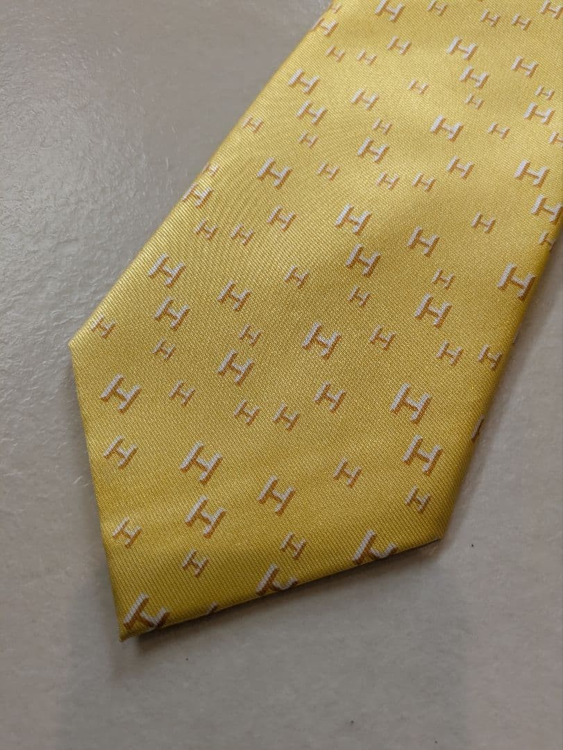 HERMES Necktie Tie Yellow All over H Logo pattern 100% Silk Made in France Men's