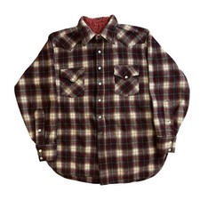 VTG 1960s Western Wool Flannel Red Plaid Pearl Snap Button Mens S