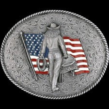 American Cowgirl US Flag Patriotic Western Rodeo Saddle NOS Vintage Belt Buckle