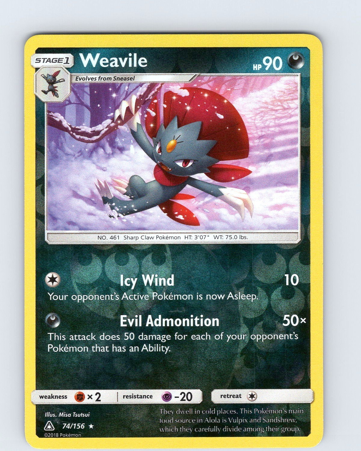 Pokemon TCG Weavile S&M Ultra Prism 74/156 Reverse Holo Rare Card LP-NM