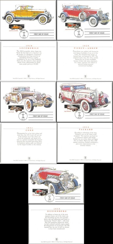 US #2381-5 5 Classic Automobile Maxi Cards, 1988
