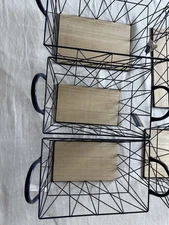 Set of 5 Navy Blue Wire Baskets with Wood Bases 3 Sizes Trueliving Home Decor