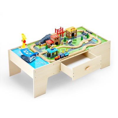 Train Table 62 Pieces Wooden Kids Activity Table with Large Storage Drawer