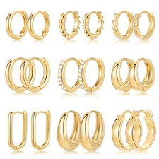 9 Pairs Small Gold/Silver Hoop Huggie Earrings Set for Women, 14K Gold Plated...