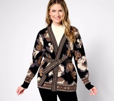 Denim Co. Floral Jacquard Belted Cardigan Black M New