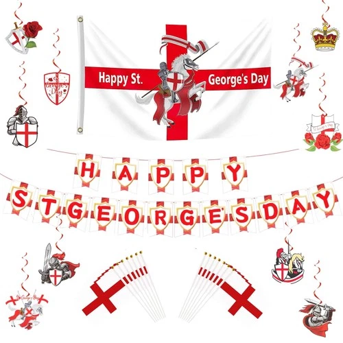 St George Flag Set Double-Sided Flags 10 Hand Waving Flags 30 Streamers 10
