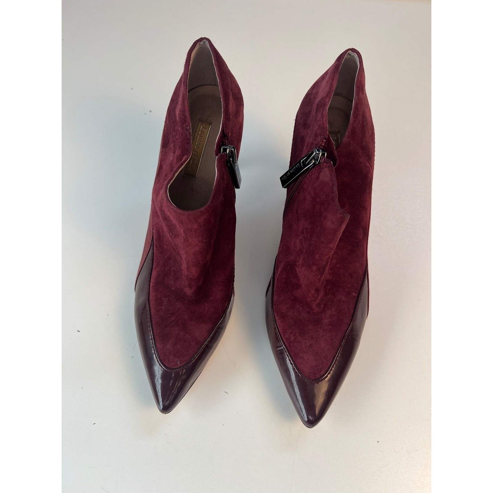 Louise et Cie Sopply Booties Heels  Burgundy Suede Patent Leather Sz 7.5M
