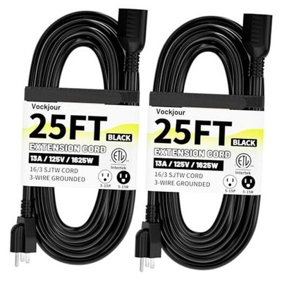 16/3 Black Indoor Outdoor Extension Cord 25 Ft - 2 Pcs Waterproof - Extension
