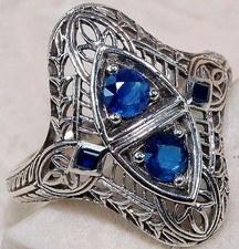 3CT Treated Blue Sapphire 925 Sterling Silver Filigree Ring Jewelry Sz 6 FB9-5