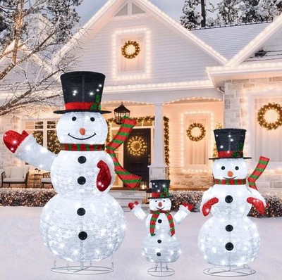 3 Pcs 3D Lighted Christmas Snowman Decorations, 4FT+3FT+2FT Collapsible Snowman