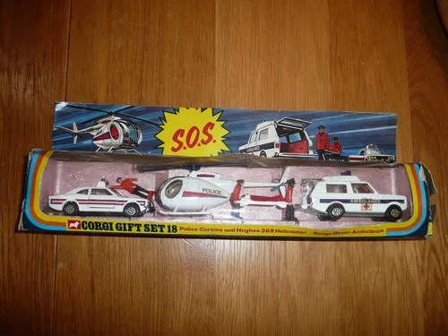Corgi Gift Set 18 Police Cortina & Hughes Helicopter Range Rover AmbulanceBoxed