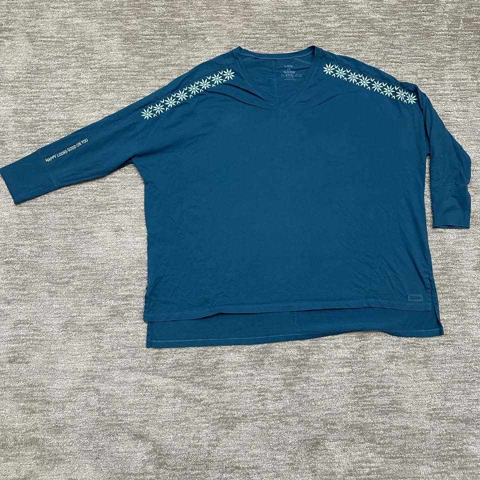 Life Is Good Shirt Womens Plus Size 3XL Blue Floral Happy Looks Good On You - Image 2 of 4